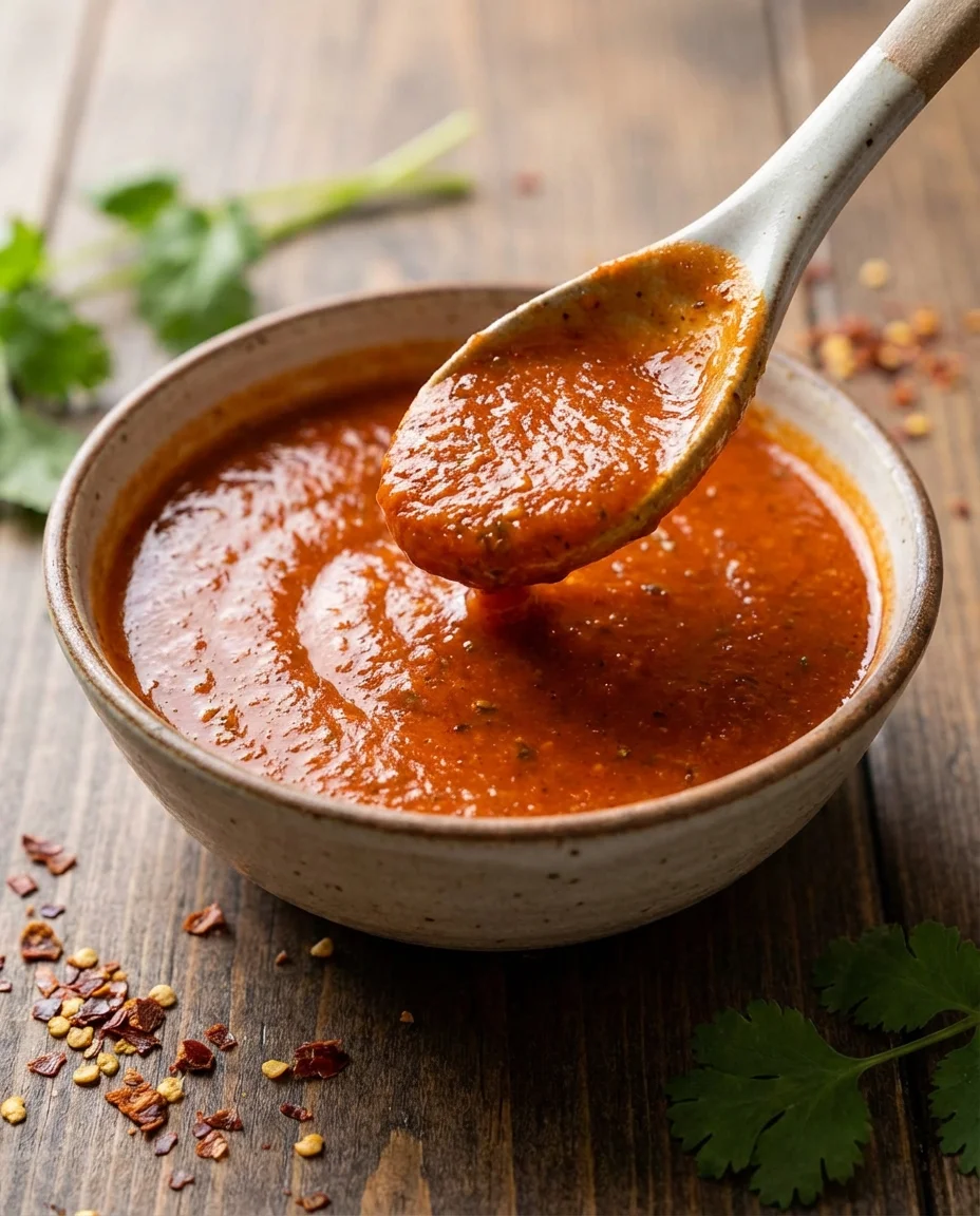 Vegan Enchilada Sauce made with vegetable oil, all purpose flour, tomato passata, vegetable broth, dried oregano, cumin, paprika, garlic powder, onion powder, brown sugar, salt, black pepper, cayenne pepper, ground chipotle