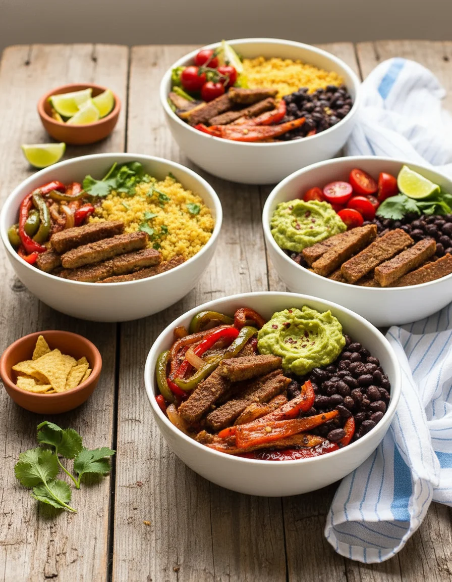 Vegan Fajita Bowls made with quinoa, olive oil, garlic, red bell pepper, seitan, baby bella mushrooms, cherry tomatoes, cumin, chili powder, red pepper flakes, oregano, onion powder, salt, pepper, black beans, lettuce, maple syrup, lime, lime wedges