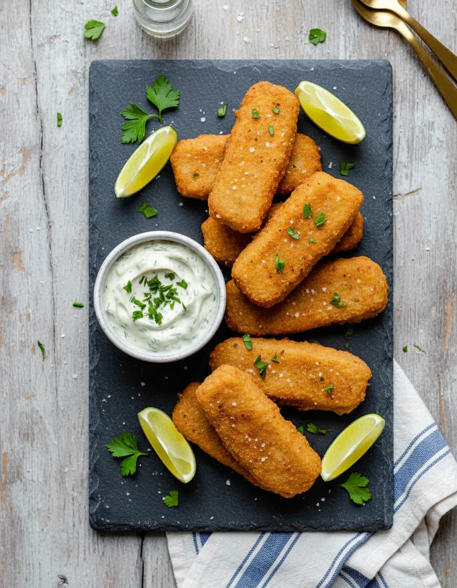 Crispy Vegan Fish Sticks made with hearts of palm, breadcrumbs, old bay seasoning, nori, sea salt, ground black pepper, flour, salt, pepper, garlic powder, old bay seasoning, beer, vegan mayonnaise, lemon juice, pickle, salt, pepper, fresh dill, peanut oil
