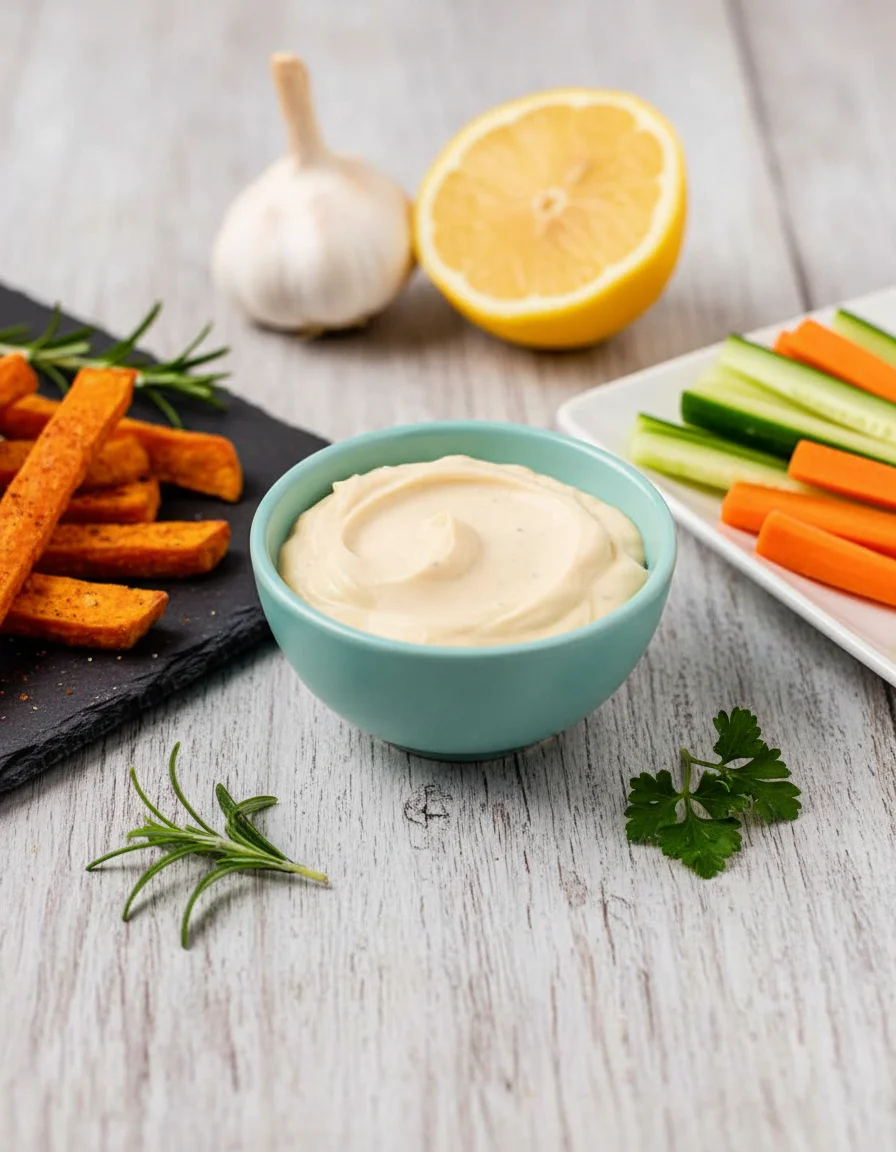 Vegan Lemon Garlic Aioli made with firm tofu, nooch, lemon juice, lemon zest, garlic, salt, white pepper, plant milk