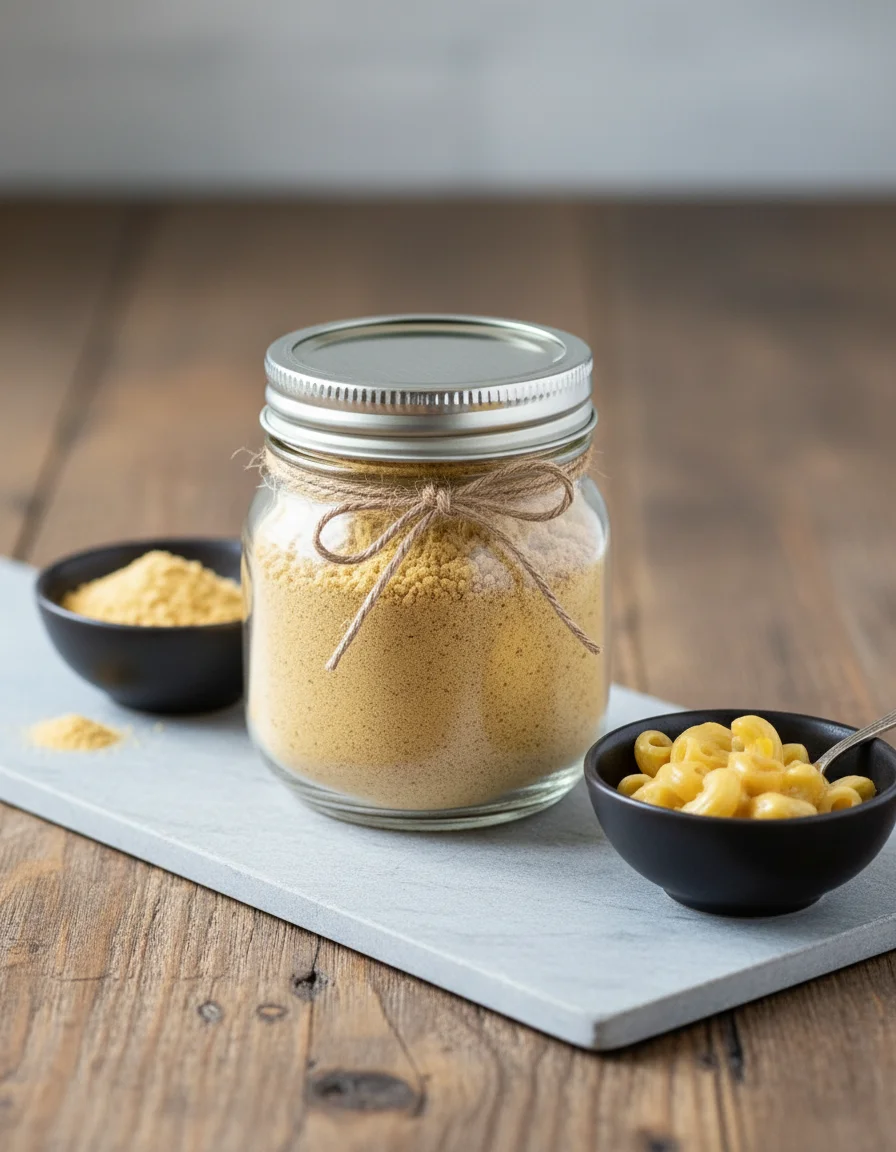 Vegan Mac and Cheese Powder made with cashews, nutritional yeast, flour, tapioca starch, garlic powder, onion powder, ground mustard, sugar, salt, paprika, black pepper, pasta, plant milk, mac and cheese powder from above, olive oil, vegan butter, miso, soy sauce, lemon juice, oregano, pepper flakes, chipotle, cajun, garam masala