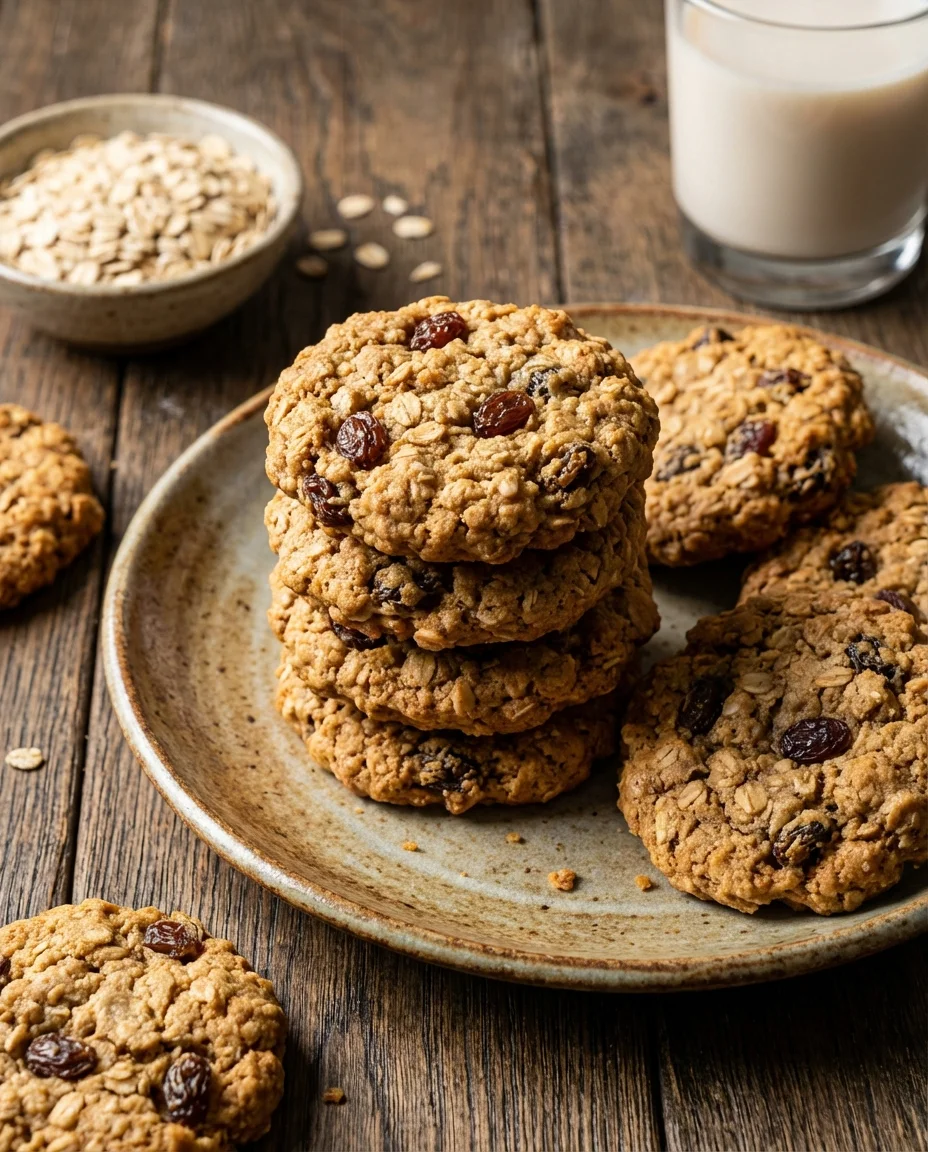 Chewy Vegan Oatmeal Cookies made with vegan butter, cane sugar, brown sugar, vegan egg, vanilla extract, salt, baking soda, cinnamon, gluten free baking flour, gluten free rolled oats