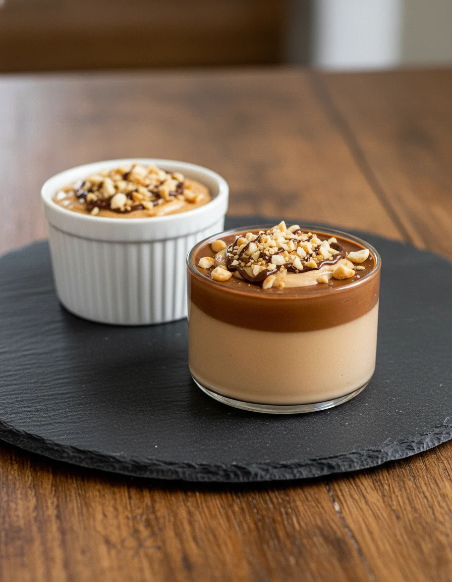 Peanut Butter Mousse made with non-dairy milk such as full fat coconut milk, Smooth peanut butter, salt, cinnamon, vanilla extract, maple syrup, club soda, cocoa powder, crushed roasted peanuts, softened peanut butter, sea salt