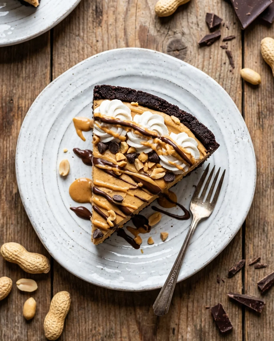 Vegan Peanut Butter Pie made with oreo cookies, vegan butter, creamy salted peanut butter, coconut cream, powdered sugar, coconut cream, cocoa powder, powdered sugar, melted peanut butter, melted vegan chocolate, crushed peanuts