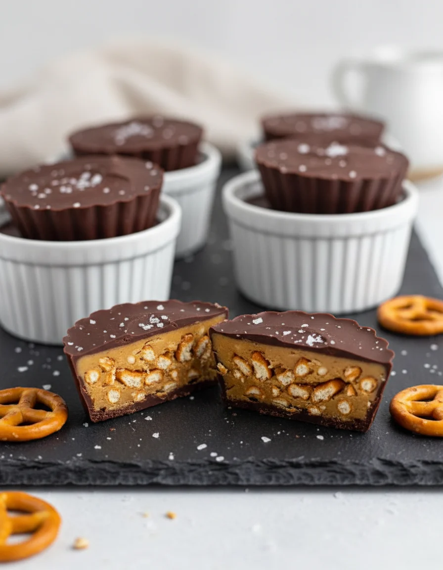 Vegan Peanut Butter Pretzel Cups made with smooth peanut butter, dairy free butter, dairy free milk, vanilla, powder sugar, salt, pretzels, vegan chocolate