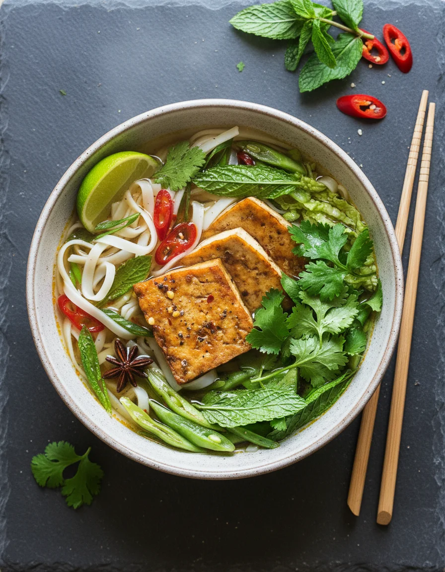 Vegan Pho with Spicy Tofu made with chinese cabbage, celery stalks, carrots, apple, onion, ginger, fresh coriander, star anise, coriander seeds, cloves, ceylon cinnamon, dried shiitake mushrooms, nutritional yeast, sea salt, lime juice, rice noodles, extra firm tofu, green beans, peanut oil, fresh coriander, fresh mint, red chilli, spring onion, tamari, sambal oelek