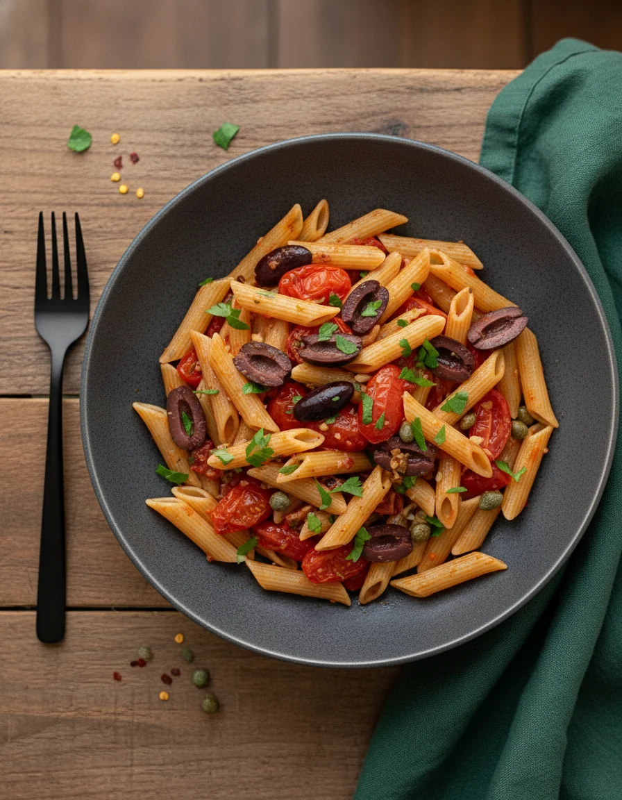 Vegan Puttanesca made with gluten-free penne pasta, olive oil, garlic cloves, cherry tomatoes, capers, Kalamata olives, hot chilli flakes, fresh red chilli, sugar, salt, pepper, fresh parsley
