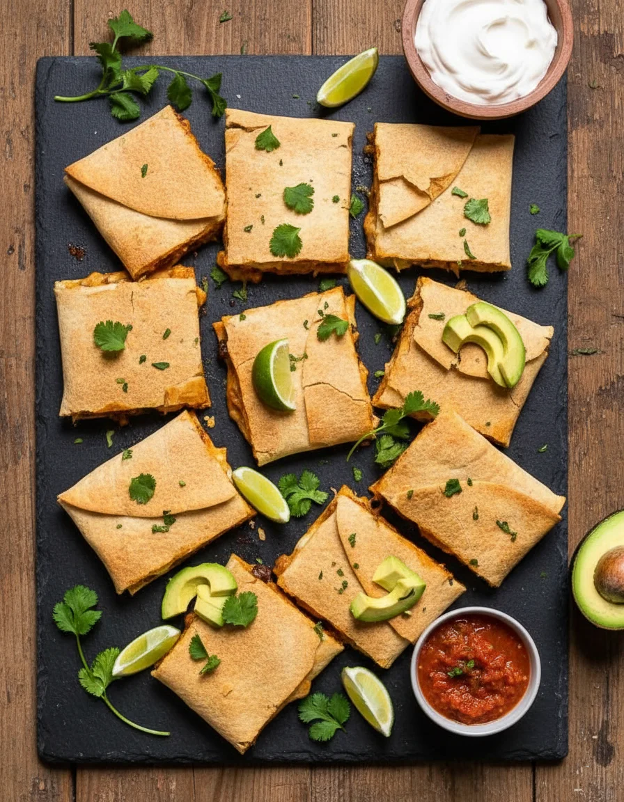 Sheet Pan Quesadillas made with olive oil, yellow onion, red bell pepper, garlic, extra firm tofu, pinto or black beans, fresh cilantro, chili powder, ground cumin, smoked paprika, black pepper, soy sauce, lime, burrito size flour tortillas, vegan shredded cheese, vegan sour cream, salsa, guacamole
