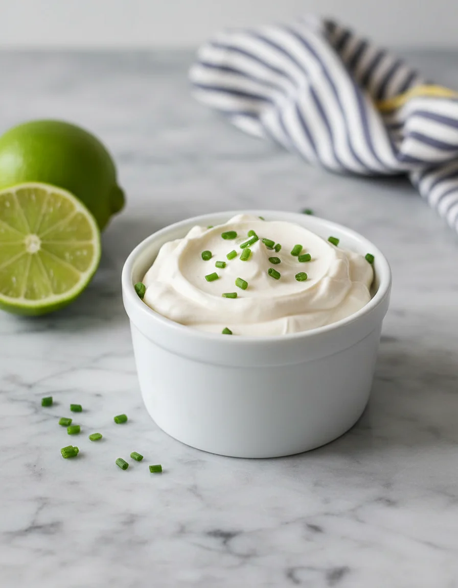 Vegan Sour Cream made with raw cashews, non dairy yogurt, lemon juice, apple cider vinegar, sea salt