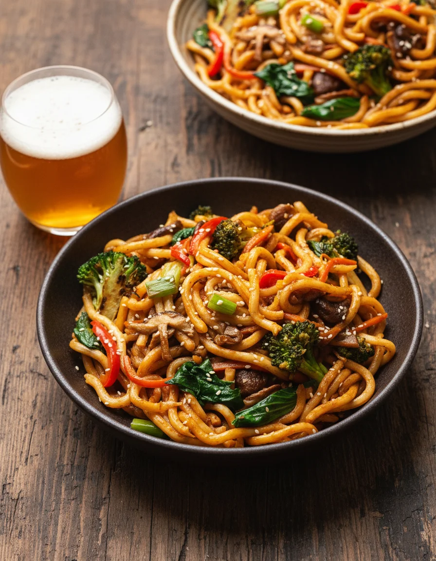 Vegan Yaki Udon made with ketchup, vegan worcester sauce, soy sauce, mirin, coconut sugar, toasted sesame oil, garlic clove, ginger, nutritional yeast, dried shiitake mushroom, fresh shiitake mushrooms, large broccoli, small pak choi, bell pepper, carrot, spring onions, rice bran oil, udon noodles, toasted sesame seeds