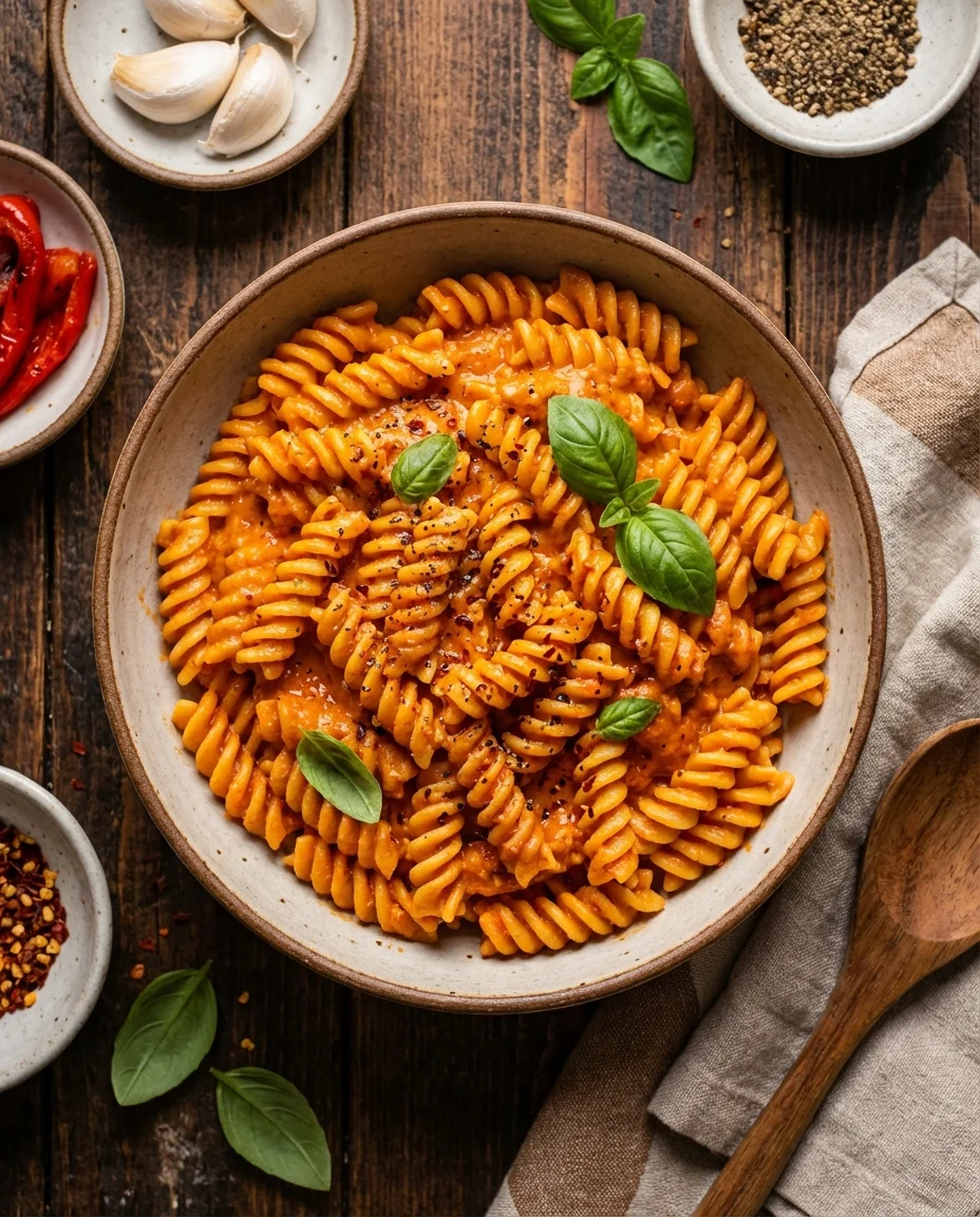 Velvety Garlic & Roasted Red Pepper Pasta