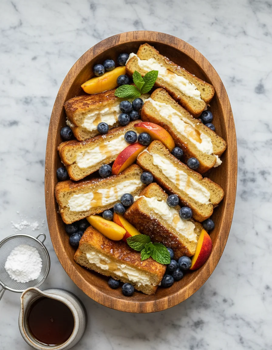 Whipped Cream Cheese Stuffed French Toast with Peaches and Blueberries