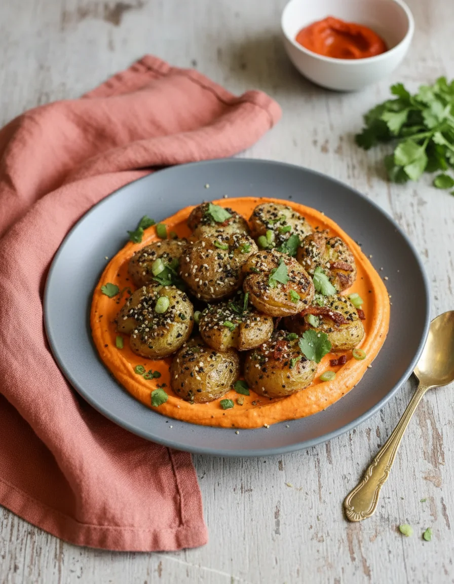 Za'atar Smashed Roasties with Whipped Harissa Tofu